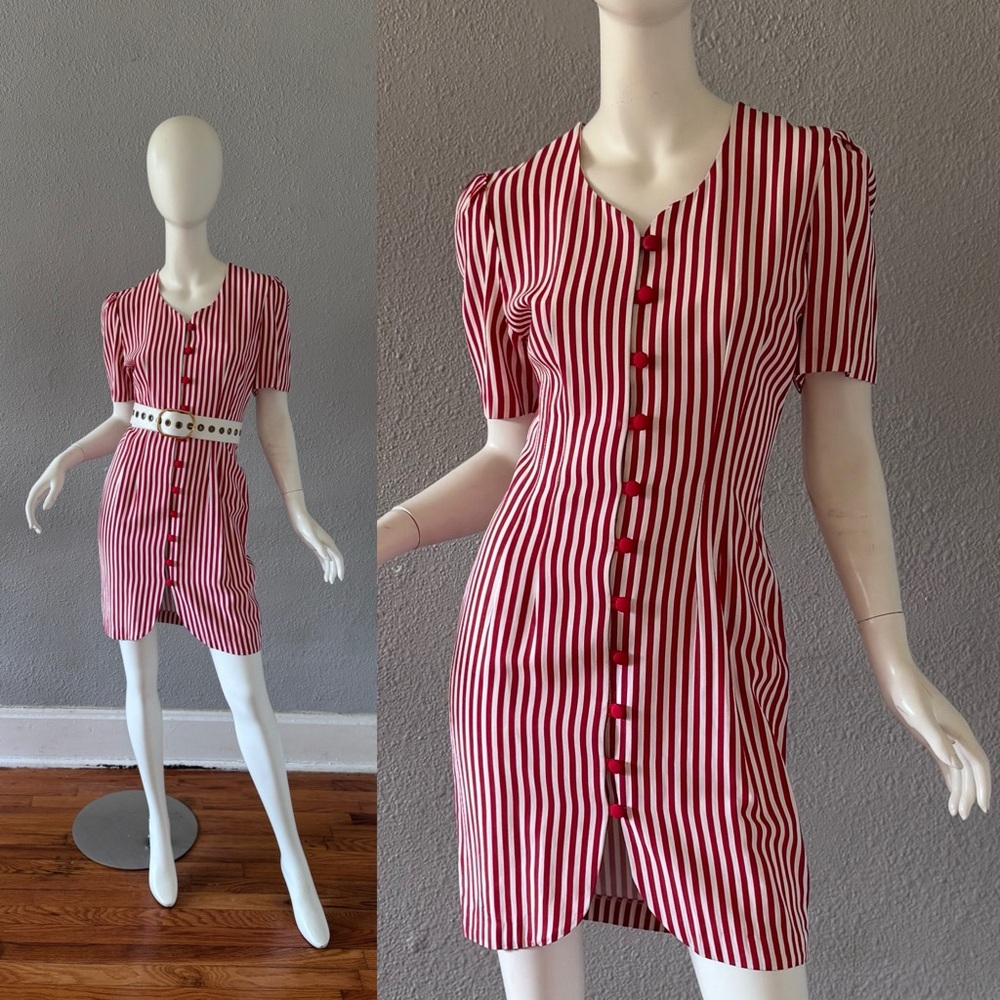 Vintage 80s Red Pinstriped Button Mini Dress S